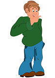 Happy cartoon man standing in green sweater with hand on chin