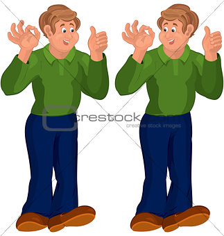 Happy cartoon man standing in green top thumbs up