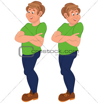 Happy cartoon man standing in green t-shirt with hands on chest