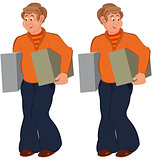 Happy cartoon man standing in orange sweater with boxes