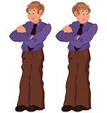 Happy cartoon man standing in purple shirt and tie