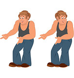 Happy cartoon man standing in sleeveless top and pointing