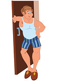 Happy cartoon man standing near the open door