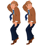 Happy cartoon man standing on tiptoe in brown jacket and tie