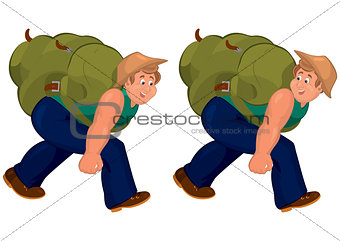 Happy cartoon man walking with heavy backpack