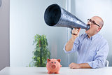 man megaphone and pig mean savings
