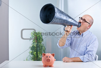 man megaphone and pig mean savings