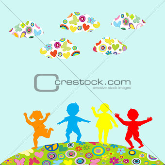 Hand drawn children silhouettes playing outdoor