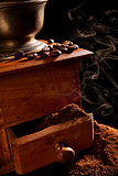 Aromatic dark rustic vintage coffee background.