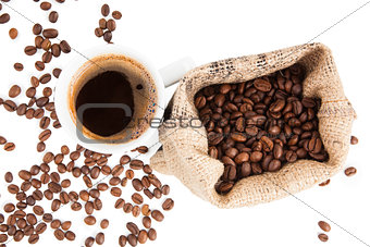 Coffee beans and coffee.