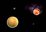 Far-out planets in a space against stars.