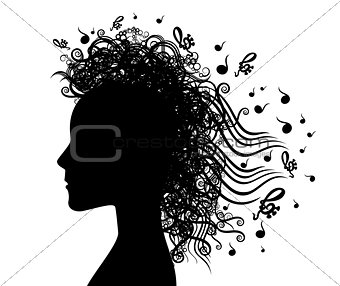 woman face silhouette and musical graphic background illustration