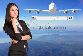 Thoughtful businesswoman and search string with passenger airplane