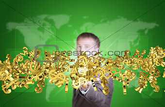 Businessman in suit hold flow of golden currency sign