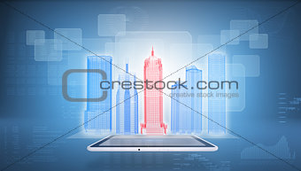 Glowing wire-frame buildings on screen tablet pc