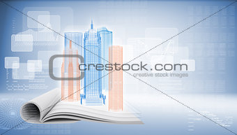 Glowing wire-frame buildings on open empty book