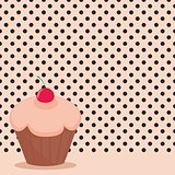 Vector cupcake on black polka dots pink background