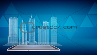 Glowing wire-frame buildings on screen tablet pc