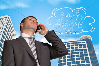Businessman talking on the phone. Cloud with people icons