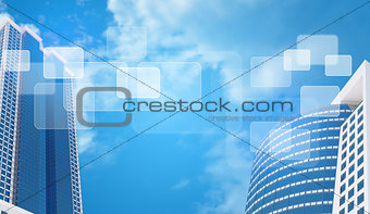 Skyscrapers and sky with transparent rectangles