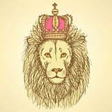 Sketch cute lion with crown in vintage style