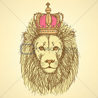 Sketch cute lion with crown in vintage style