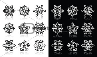 Snowflakes, winter black and white icons set