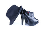 Black high heel female shoes with fedora hat 