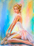 Beautiful sitting ballerina. Oil painting.