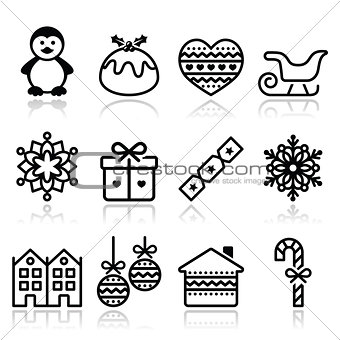 Christmas, winter icons with stroke - penguin, Christmas pudding