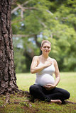 pregnant woman belly yoga meditating tree park