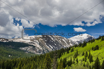 Snow Covered Mountains, Evergreen Forest, Cloudy Sky