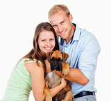 Portrait of a Happy Young Couple with a Dog.