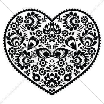 Polish black folk art heart pattern on white - wzory lowickie, wycinanka