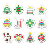 Christmas icons with stroke - Xmas tree, present, reindeer