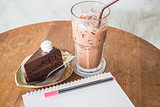 Easy meal of chocolate cake and drink