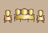 gold retro armchair and couch - vector art illustration
