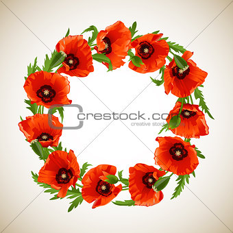 Wreath of Red Poppies, floral round frame