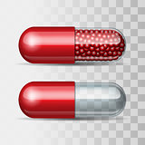 Two Red and transparent pills - empty and with granules.