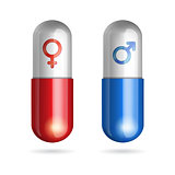 Blue and red pills with male and female symbols on white background.