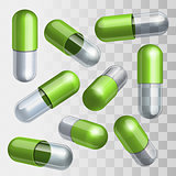 Set of green and transparent medical capsules in different positions