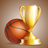 Golden trophy cup with a Basketball ball.