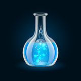 Transparent flask with magic blue liquid on black background.