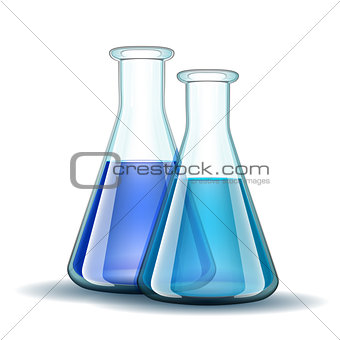 Chemical laboratory transparent flasks with blue liquid.