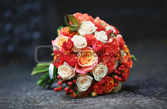 Bridal bouquet of various flowers.