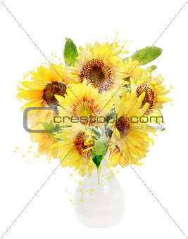Watercolor Image Of Sunflowers Bouquet