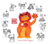 Chinese New Year Dragon Color with Twelve Zodiacs Illustration