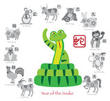 Chinese New Year Snake Color with Twelve Zodiacs Illustration