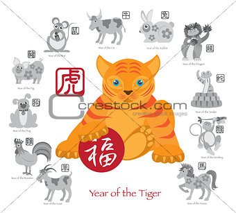 Chinese New Year Tiger Color with Twelve Zodiacs Illustration