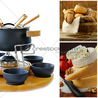 cookware set for fondue , different cheese and a basket of bread